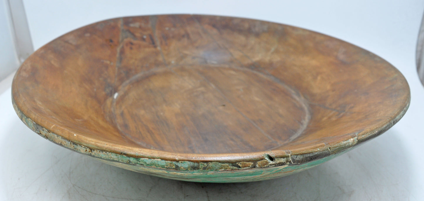 Antique Wooden Dough Kneading Parat Bowl Original Old Hand Carved Blue
