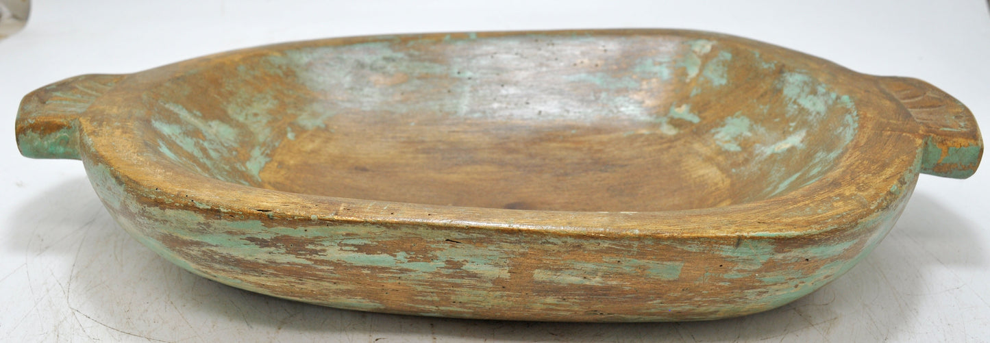 Antique Wooden Oval Kharal Bowl Original Old Hand Carved Green