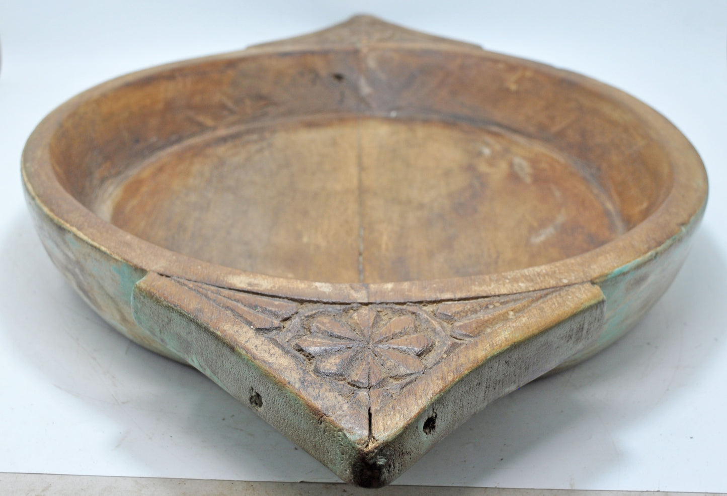 Antique Wooden Dough Kneading Parat Bowl Original Old Hand Carved Blue
