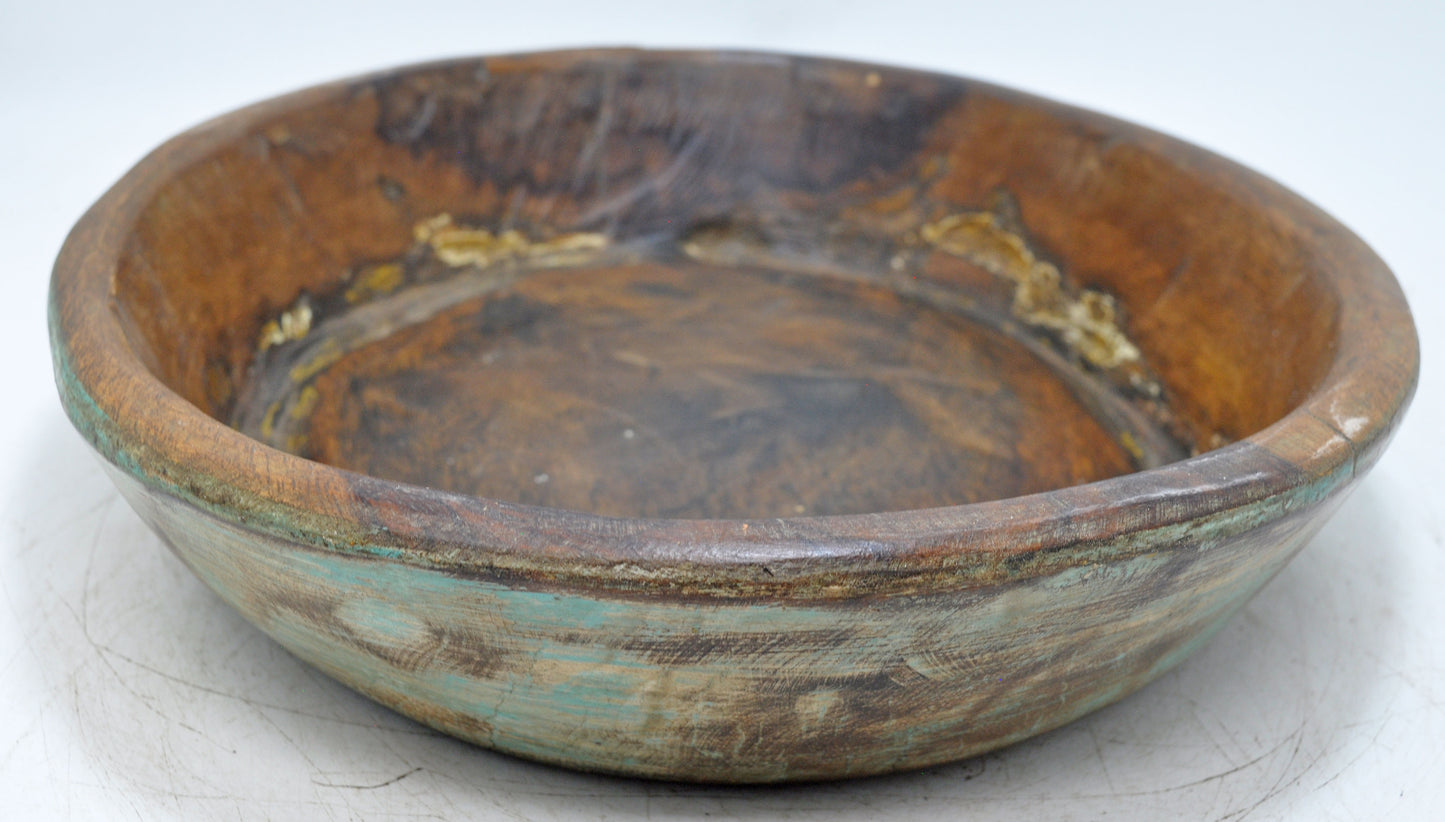 Antique Wooden Dough Kneading Parat Bowl Original Old Hand Carved Blue