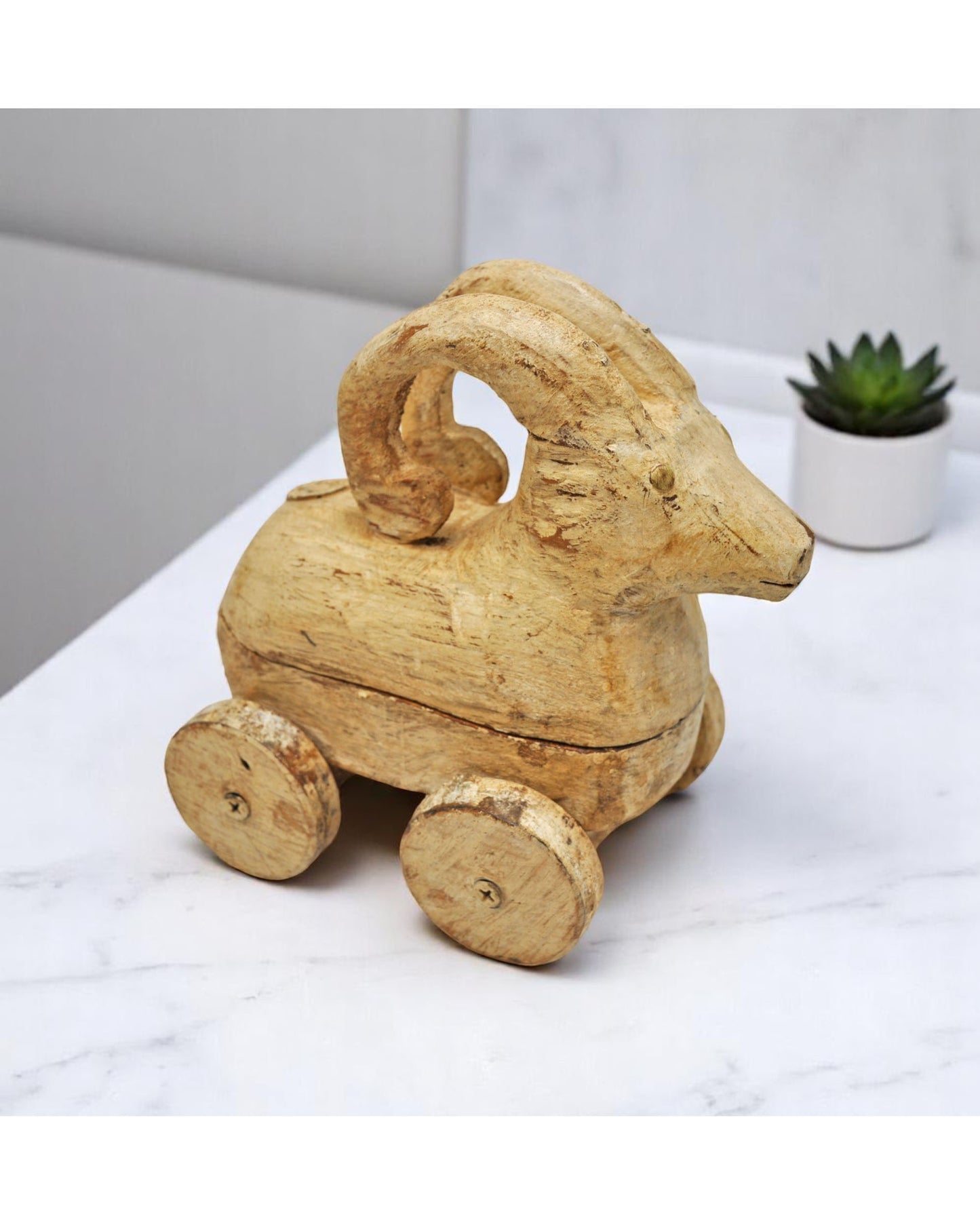 Vintage Wooden Goat Ram Figurine on Wheels Original Old Hand Carved