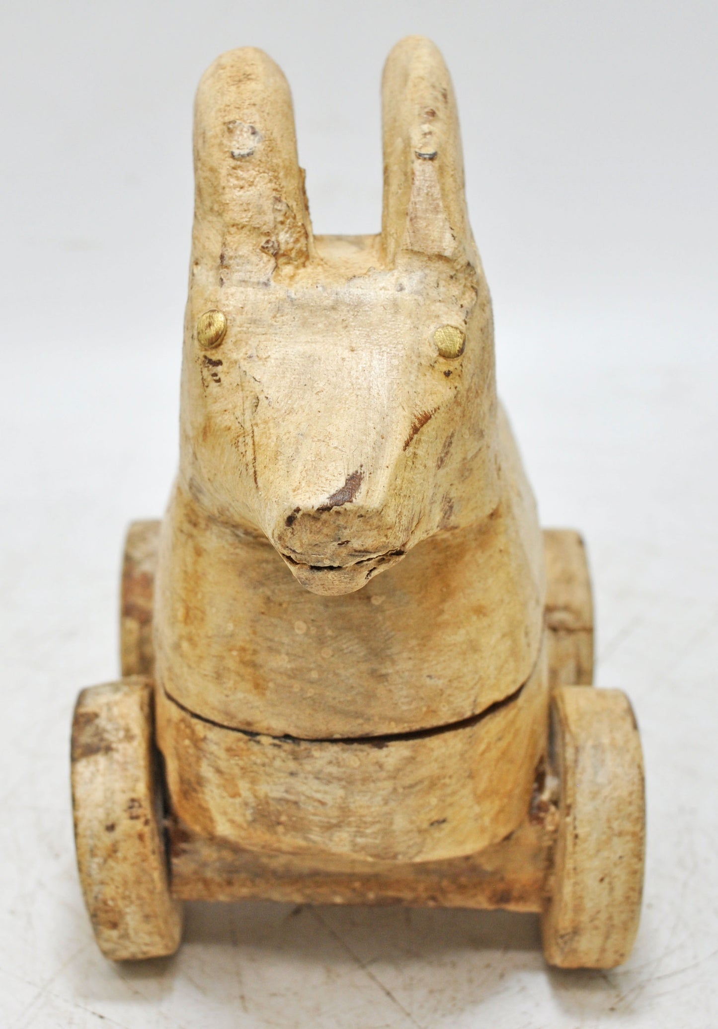Vintage Wooden Goat Ram Figurine on Wheels Original Old Hand Carved