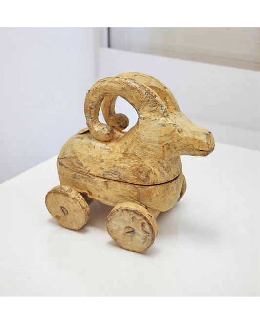 Vintage Wooden Goat Ram Figurine on Wheels Original Old Hand Carved