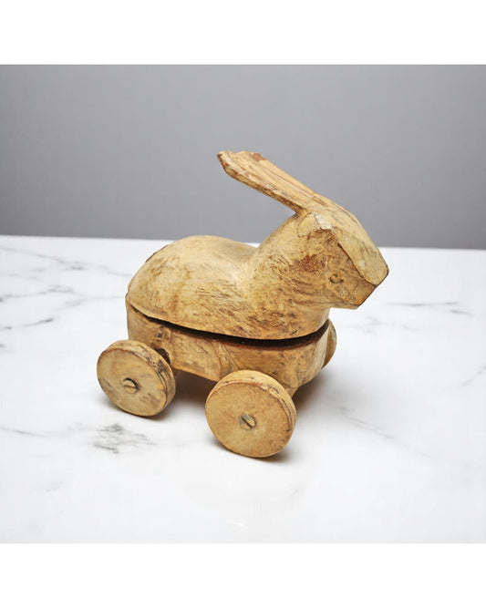 Vintage Wooden Rabbit Figurine on Wheels Original Old Hand Carved