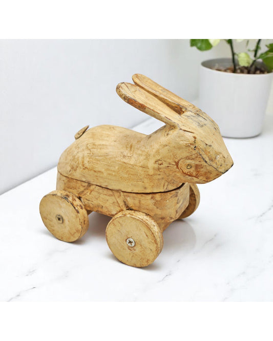 Vintage Wooden Rabbit Figurine on Wheels Original Old Hand Carved
