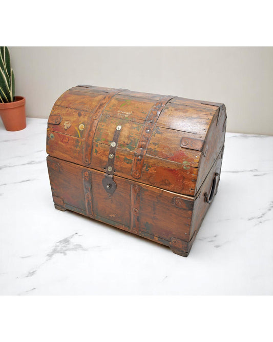 Vintage Wooden Half Round Top Storage Box Original Old Hand Crafted Painted