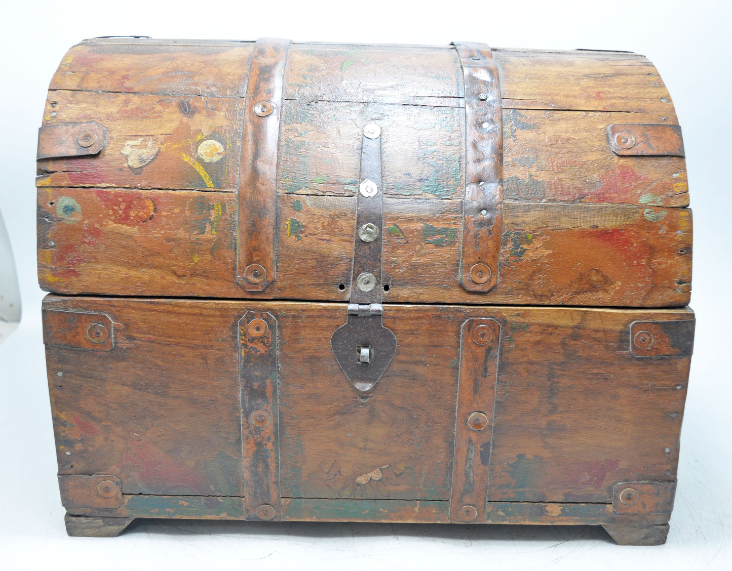 Vintage Wooden Half Round Top Storage Box Original Old Hand Crafted Painted