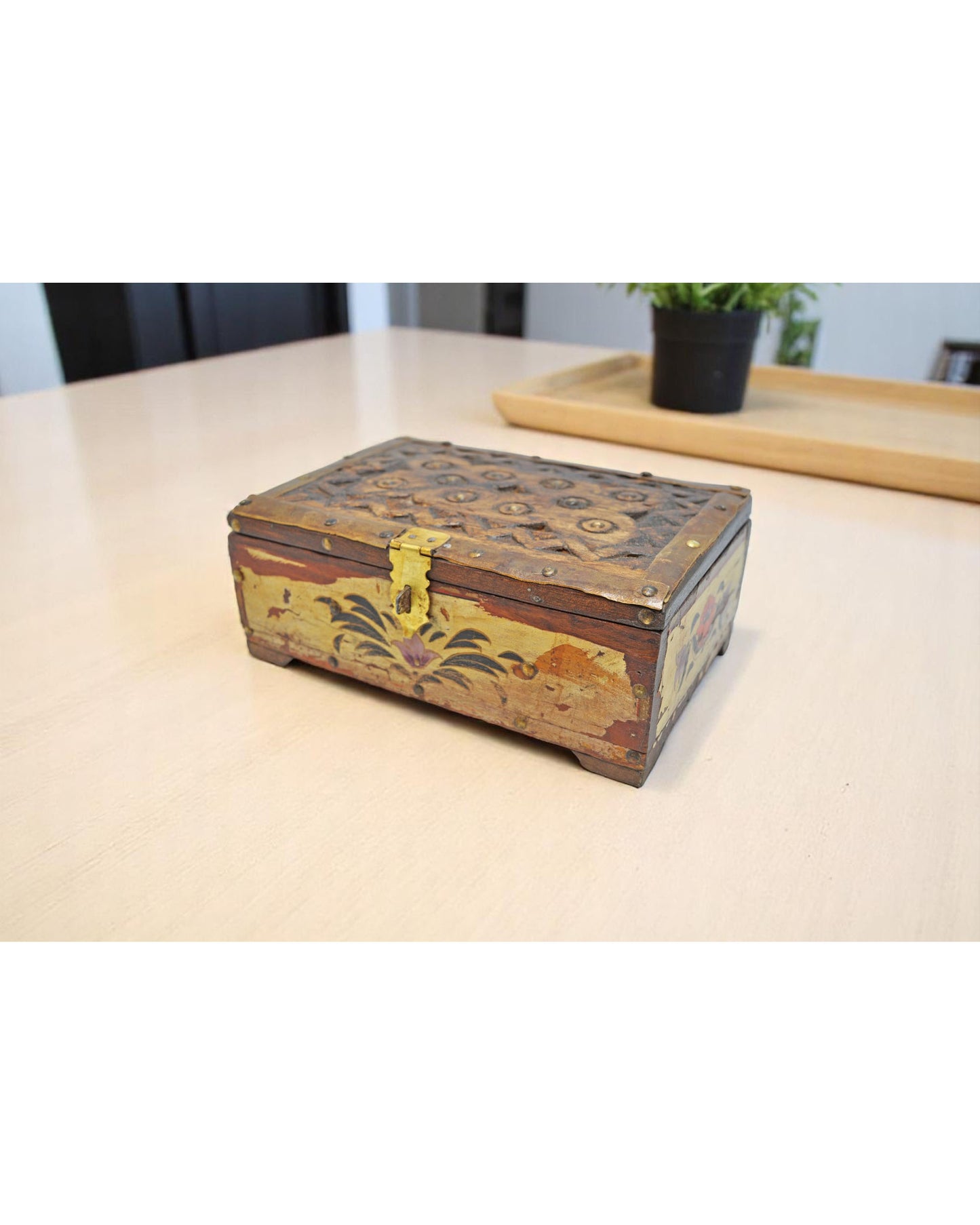 Vintage Wooden Small Storage Box Original Old Hand Crafted Painted Metal Fitted