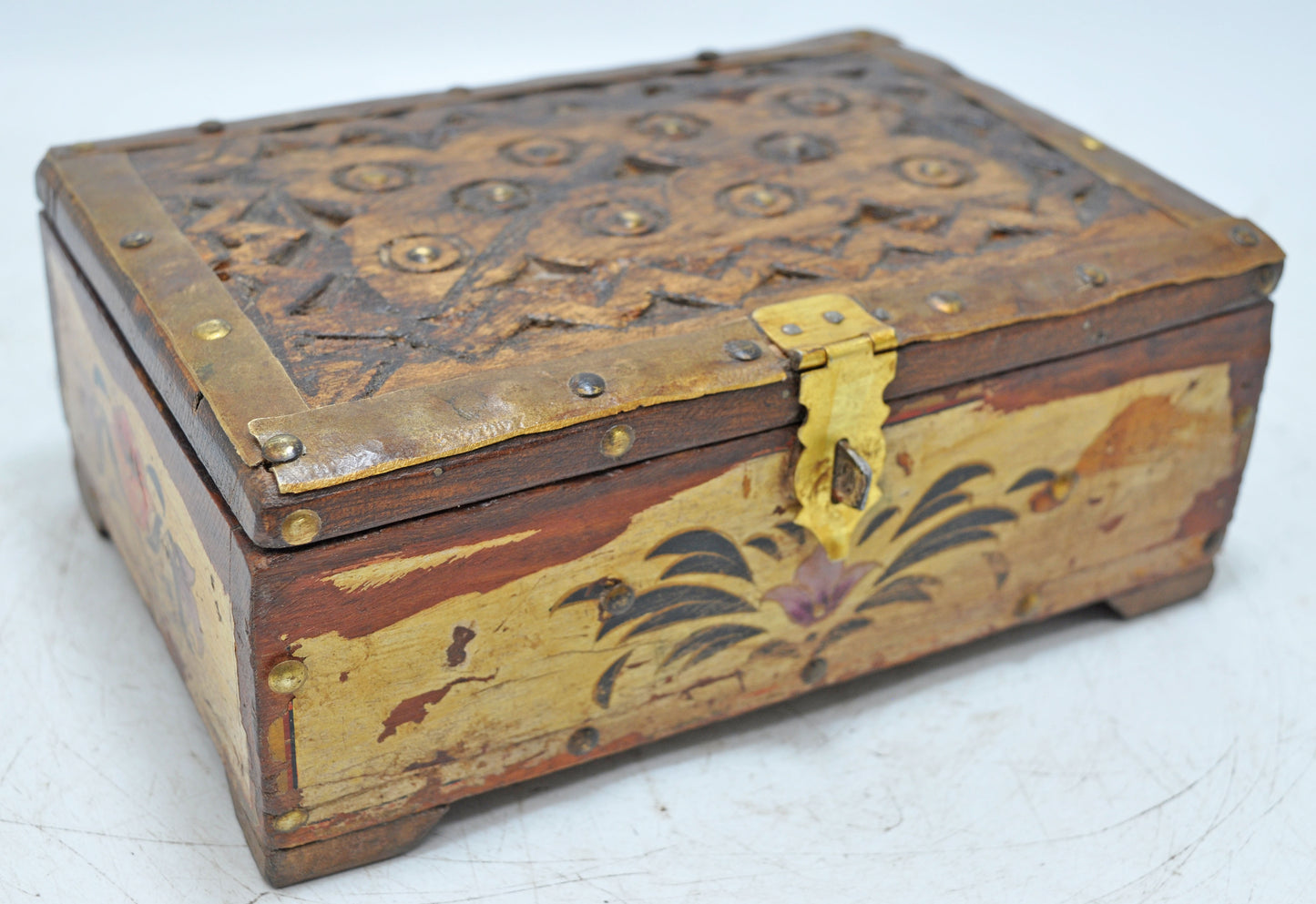 Vintage Wooden Small Storage Box Original Old Hand Crafted Painted Metal Fitted