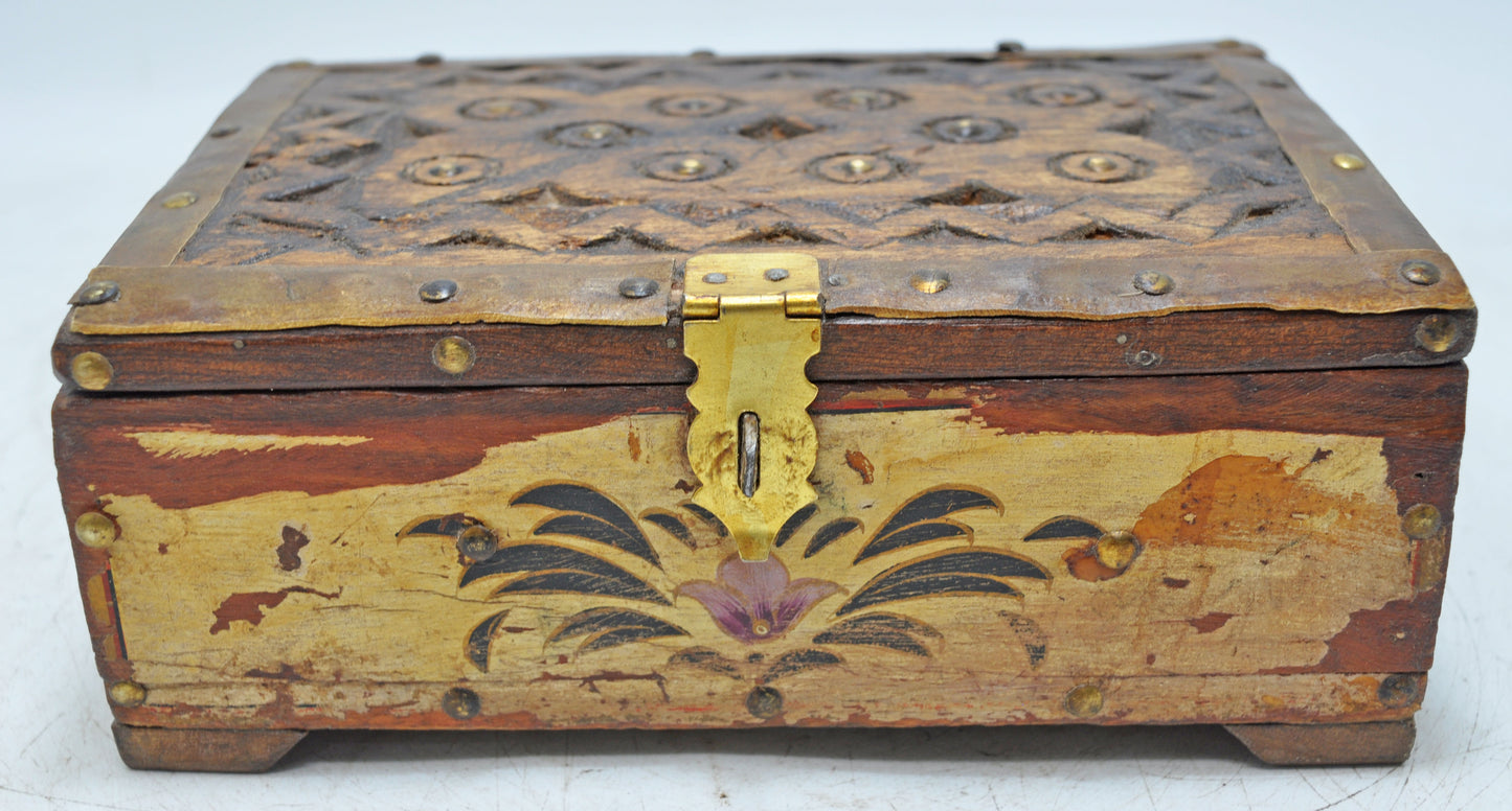 Vintage Wooden Small Storage Box Original Old Hand Crafted Painted Metal Fitted