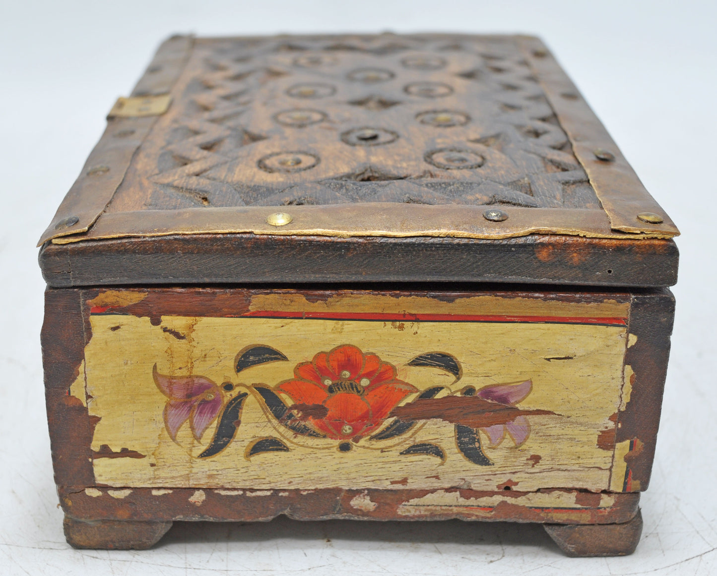 Vintage Wooden Small Storage Box Original Old Hand Crafted Painted Metal Fitted