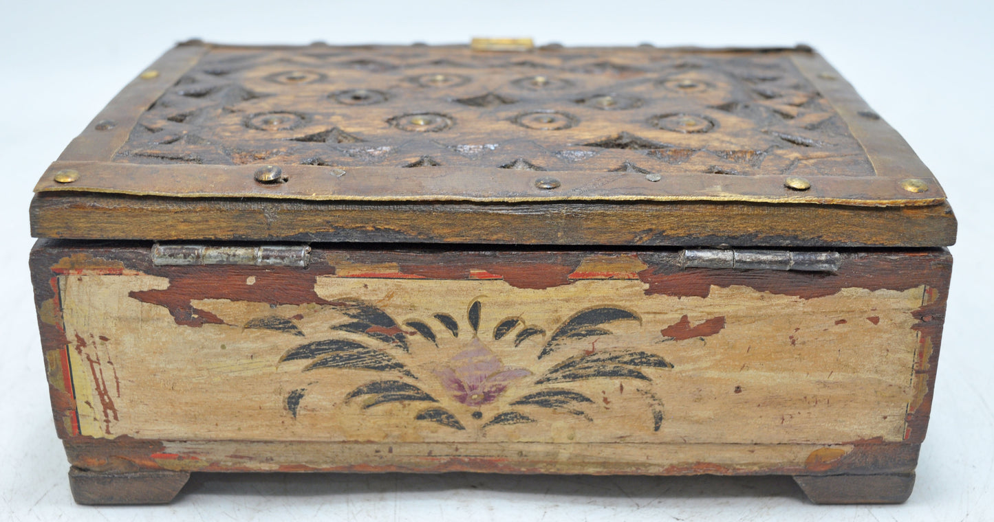 Vintage Wooden Small Storage Box Original Old Hand Crafted Painted Metal Fitted