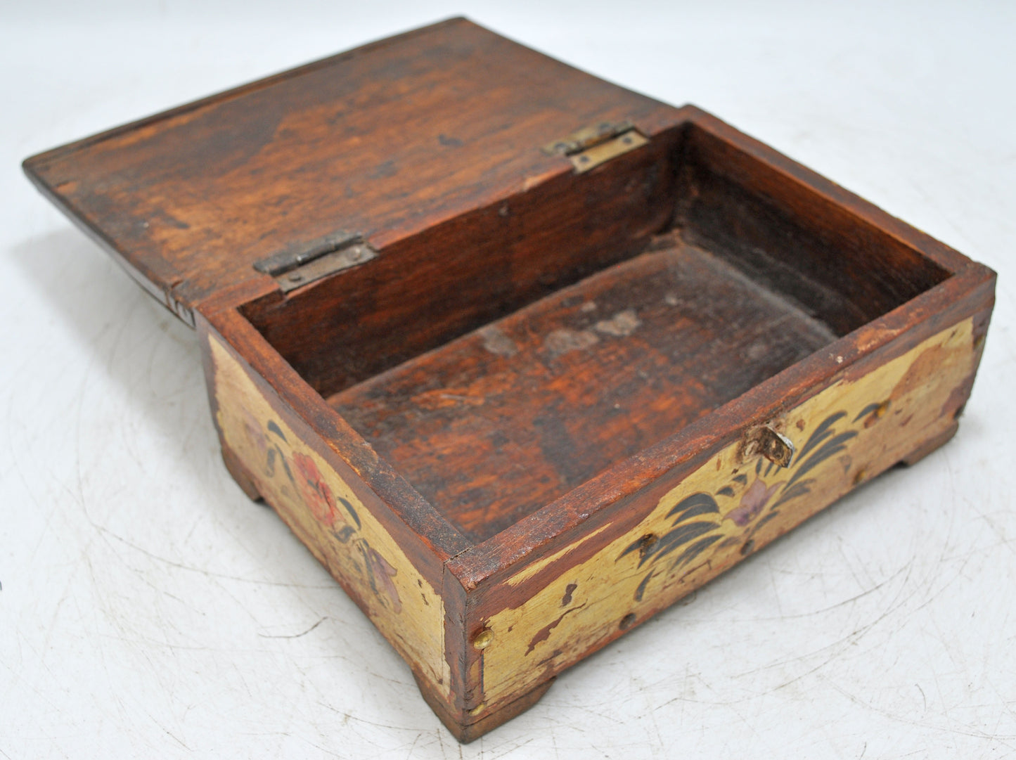 Vintage Wooden Small Storage Box Original Old Hand Crafted Painted Metal Fitted
