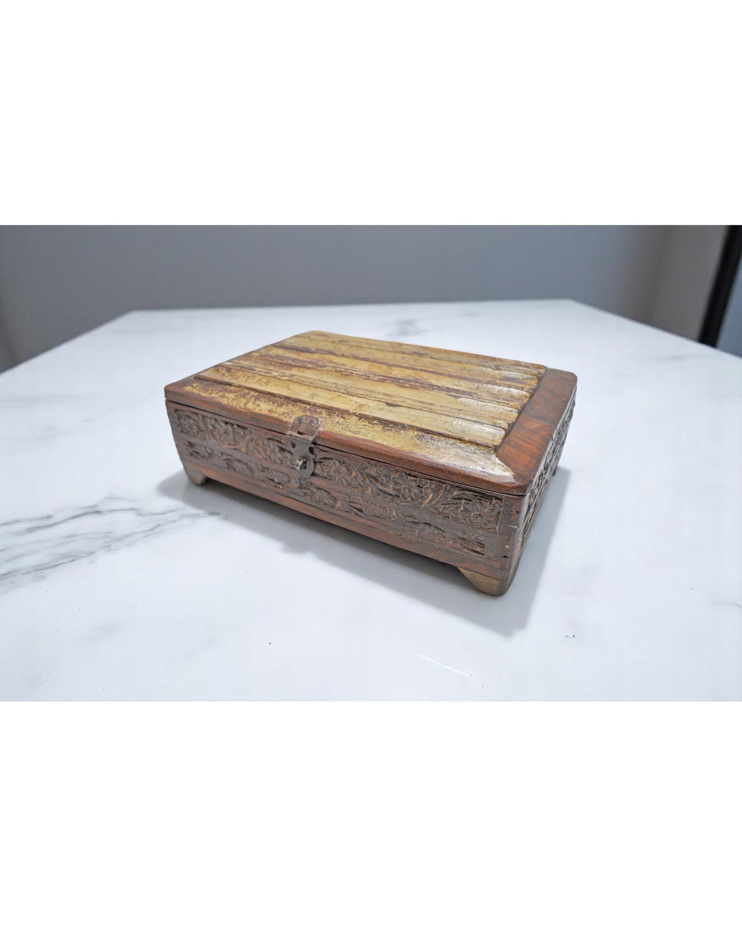 Vintage Wooden Small Storage Box Original Old Hand Crafted Painted Carved