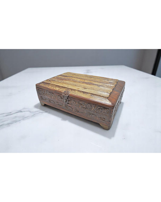 Vintage Wooden Small Storage Box Original Old Hand Crafted Painted Carved