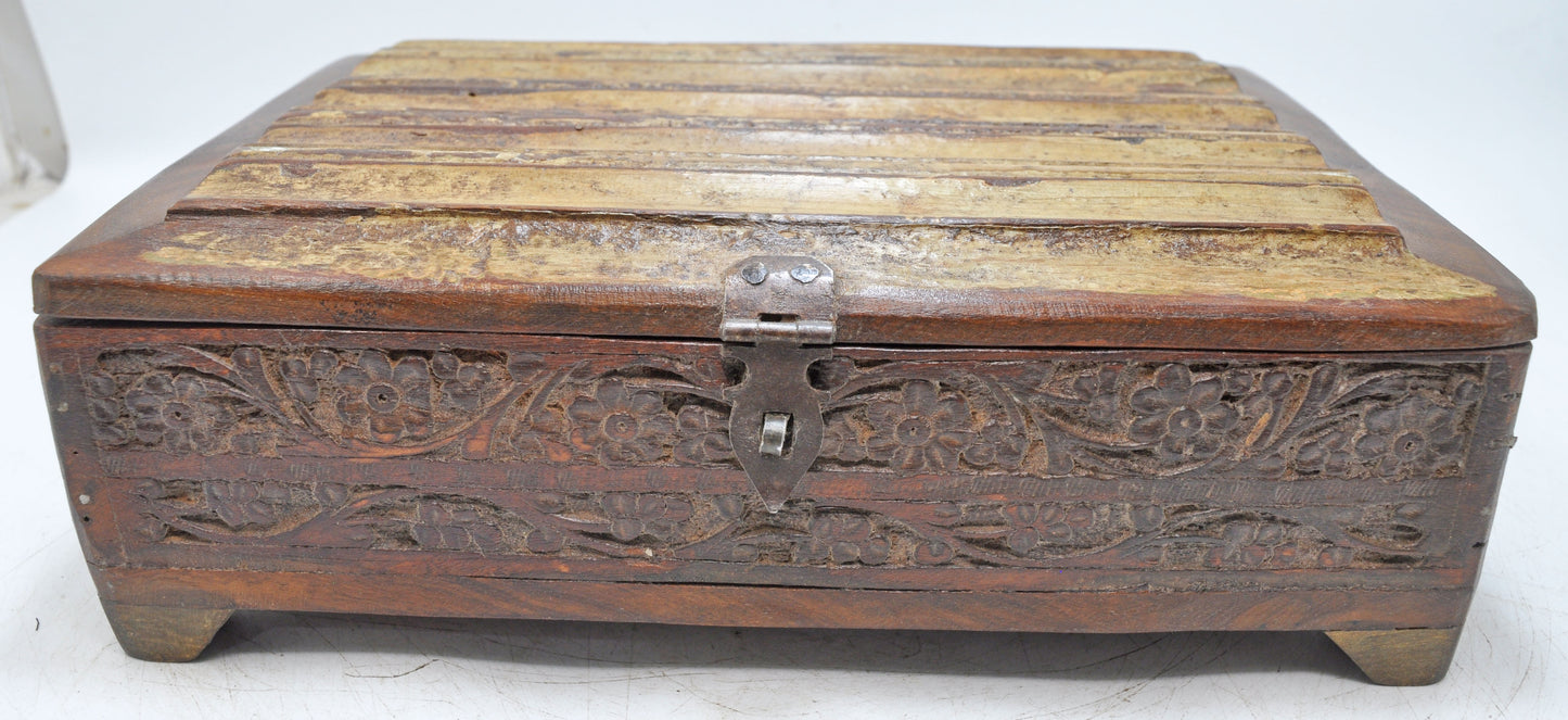Vintage Wooden Small Storage Box Original Old Hand Crafted Painted Carved