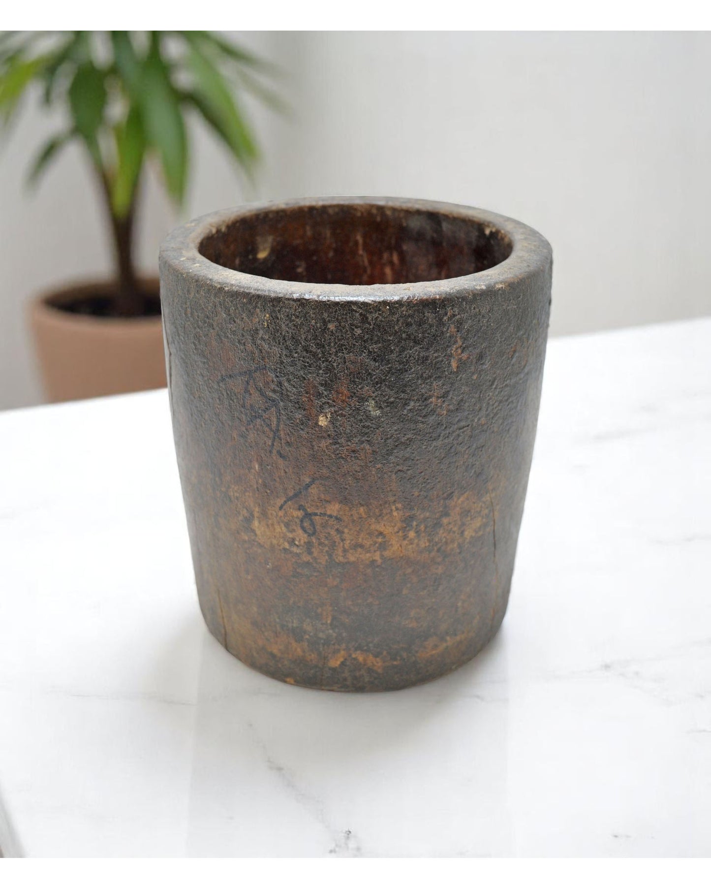 Antique Wooden Round Grain Measurement Pot Original Old Hand Carved