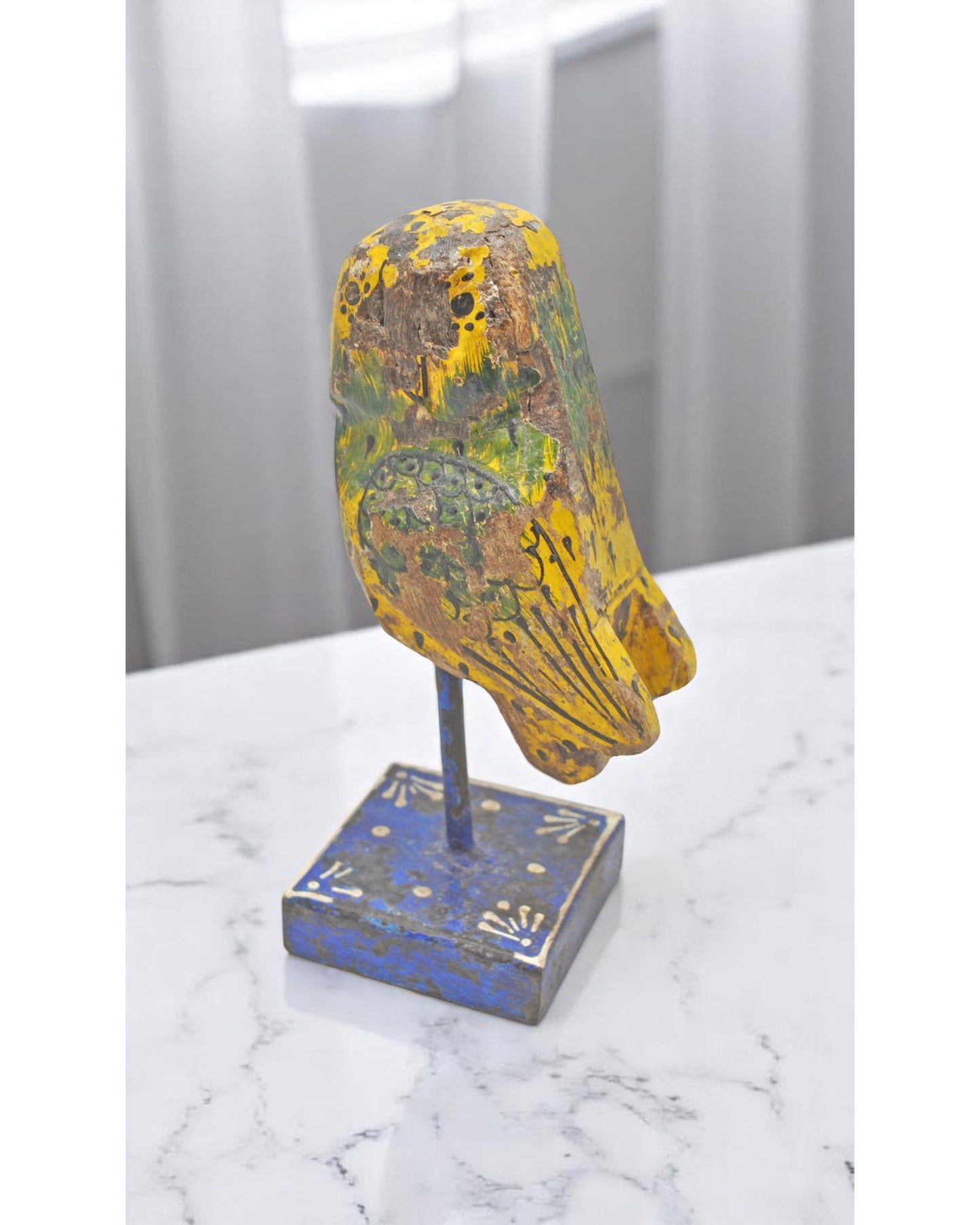 Vintage Wooden Owl Figurine on Stand Original Old Hand Carved Painted