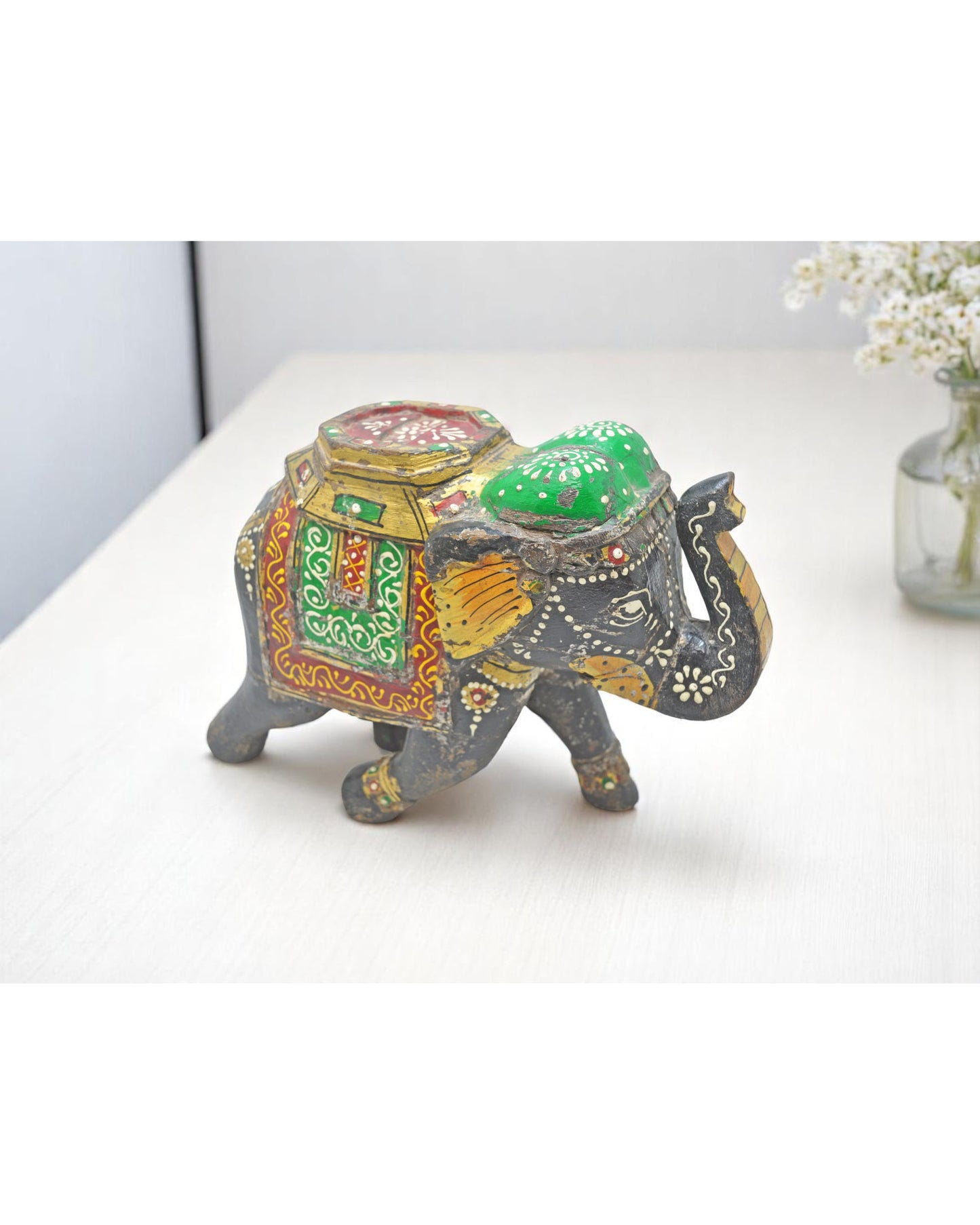 Vintage Wooden Elephant Figurine Original Old Hand Carved Painted