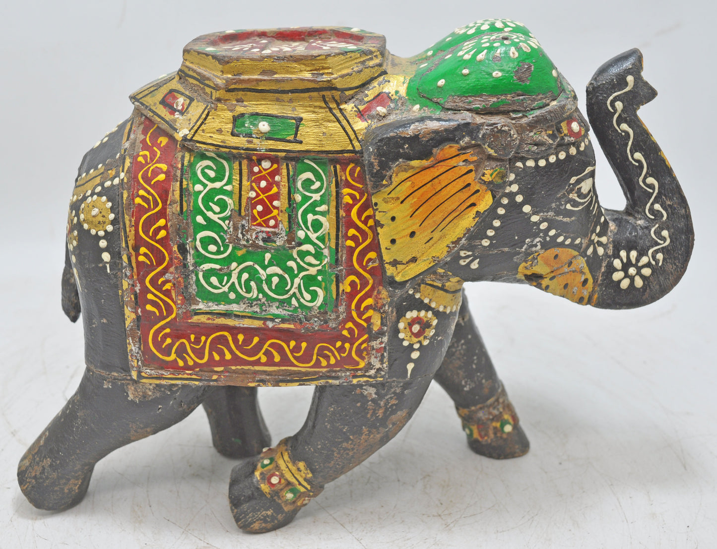 Vintage Wooden Elephant Figurine Original Old Hand Carved Painted