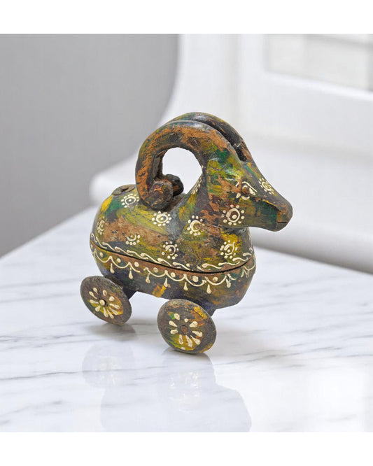 Vintage Wooden Small Ram Goat on Wheels Figurine Original Old Carved Painted