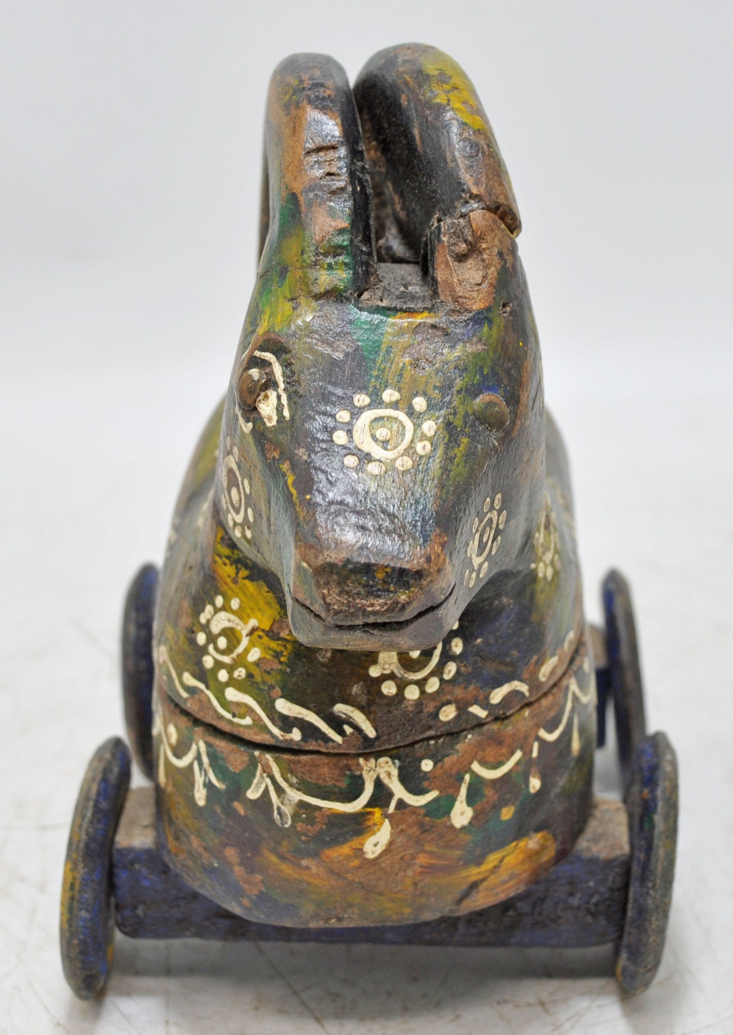 Vintage Wooden Small Ram Goat on Wheels Figurine Original Old Carved Painted