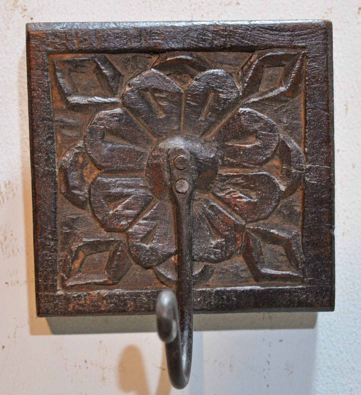 Antique Wooden Wall Décor 1 Hook Hanger Original Old Hand Carved