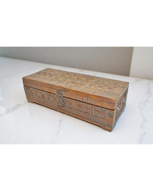 Vintage Wooden Storage Box Original Old Hand Crafted Carved