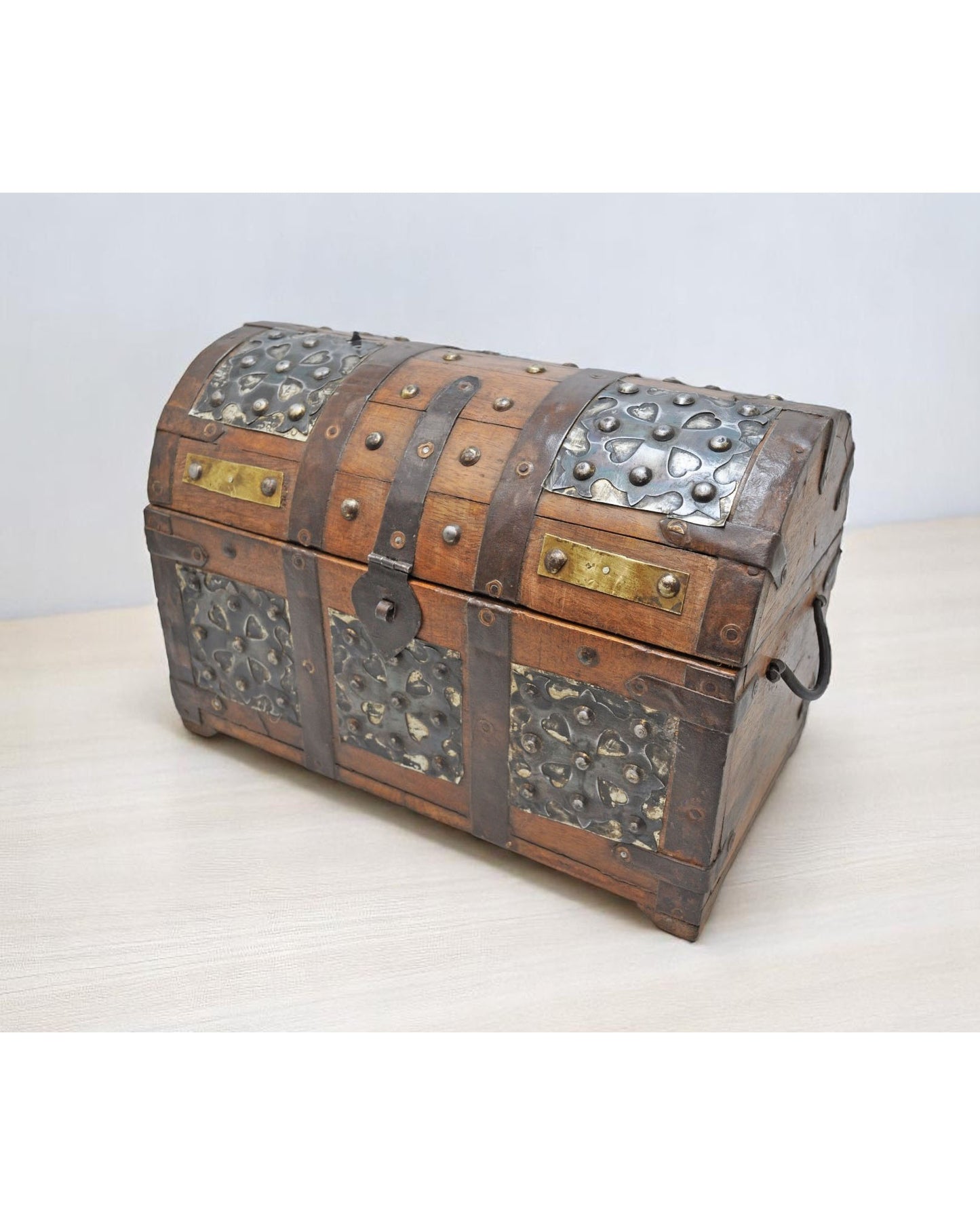 Vintage Wooden Half Round Top Storage Box Original Old Brass & Metal Fitted