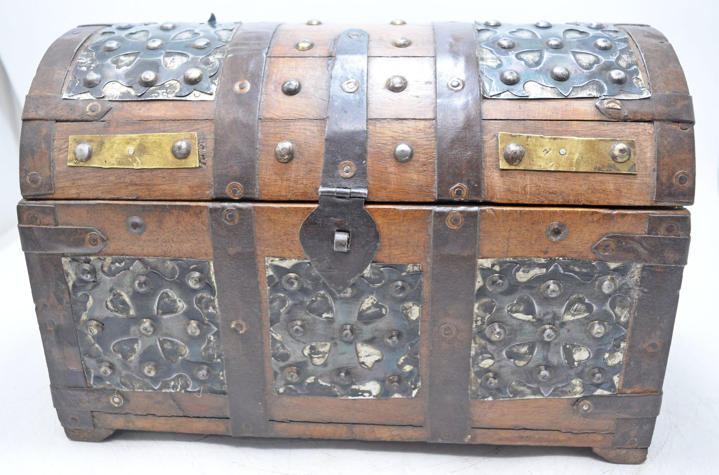 Vintage Wooden Half Round Top Storage Box Original Old Brass & Metal Fitted