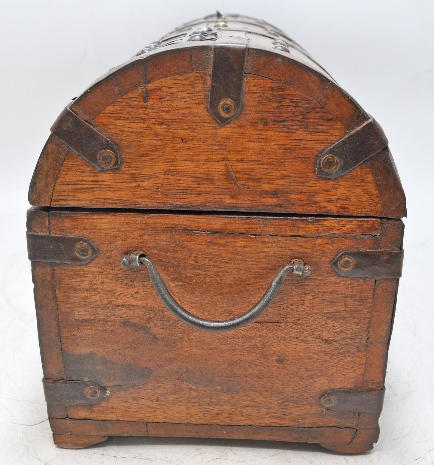 Vintage Wooden Half Round Top Storage Box Original Old Brass & Metal Fitted
