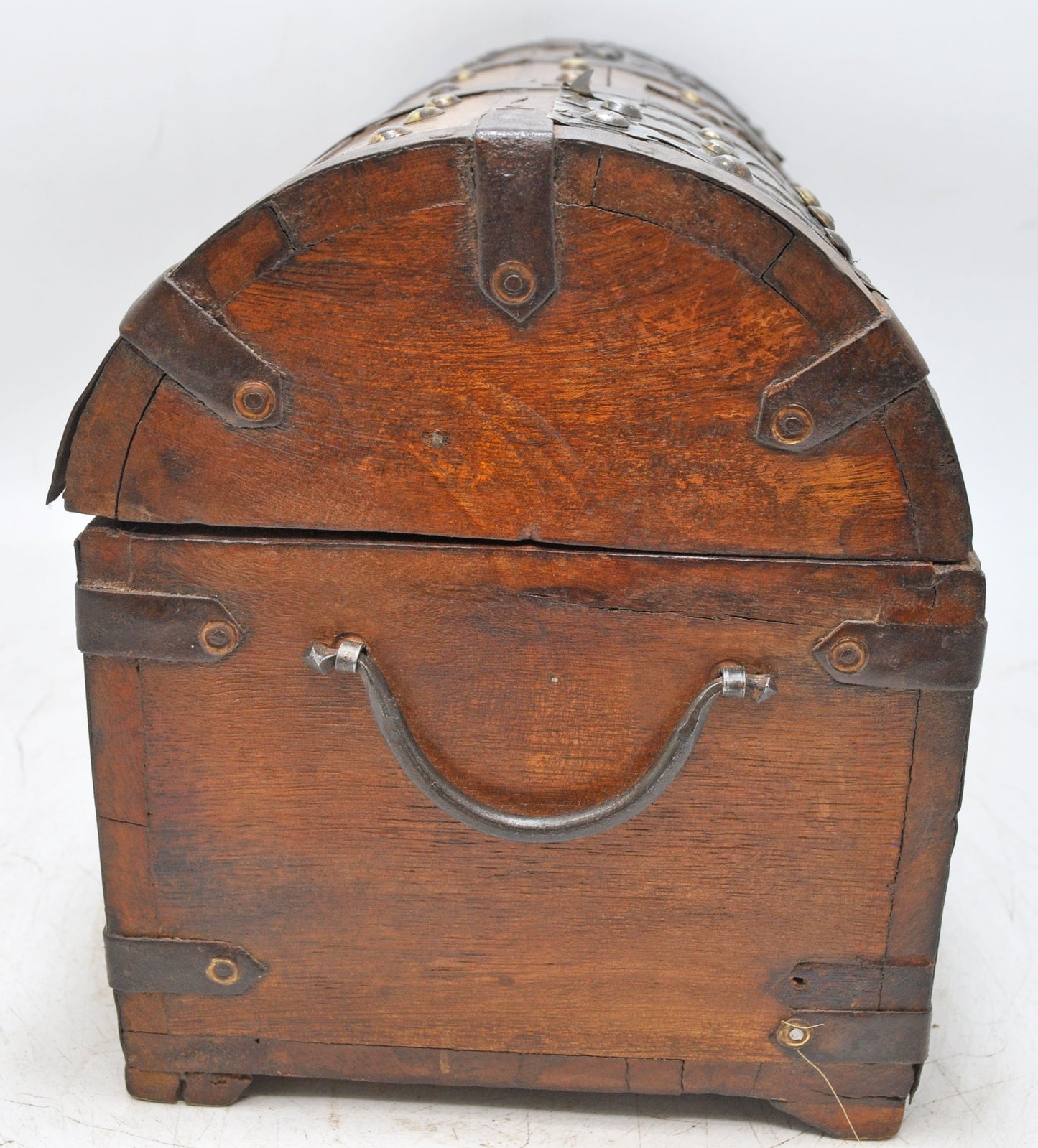 Vintage Wooden Half Round Top Storage Box Original Old Brass & Metal Fitted