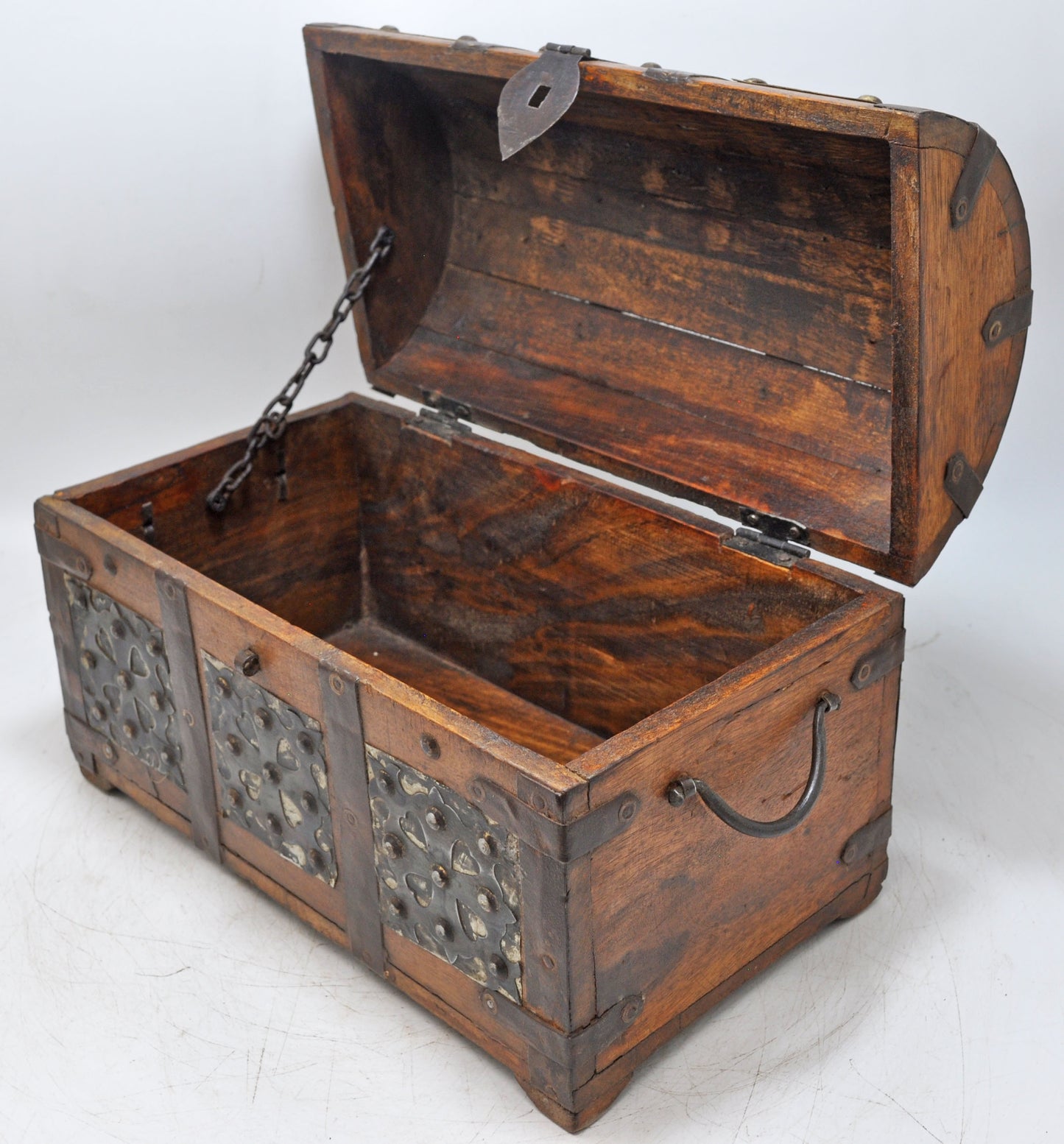 Vintage Wooden Half Round Top Storage Box Original Old Brass & Metal Fitted