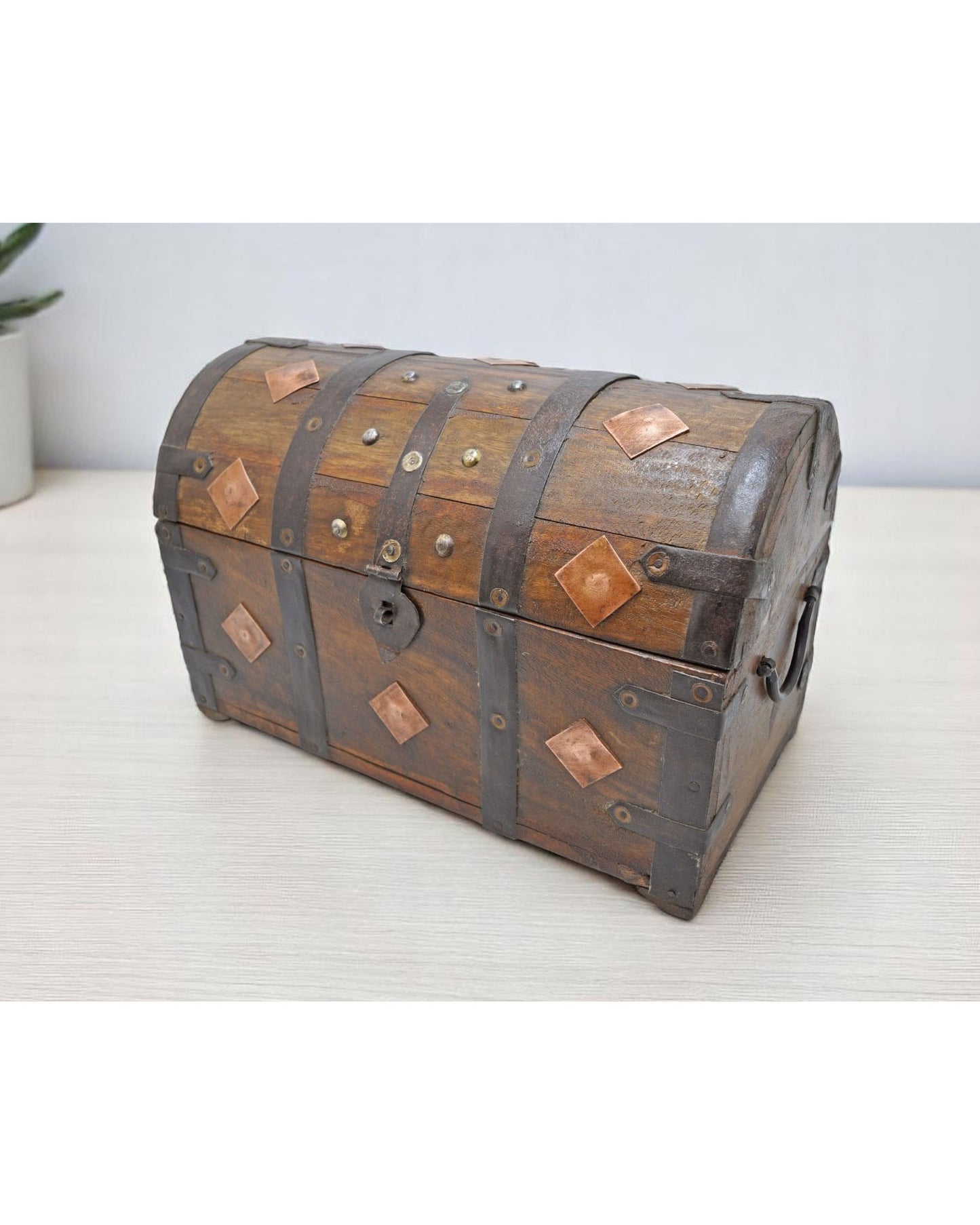 Vintage Wooden Half Round Top Storage Box Original Old Copper Fitted