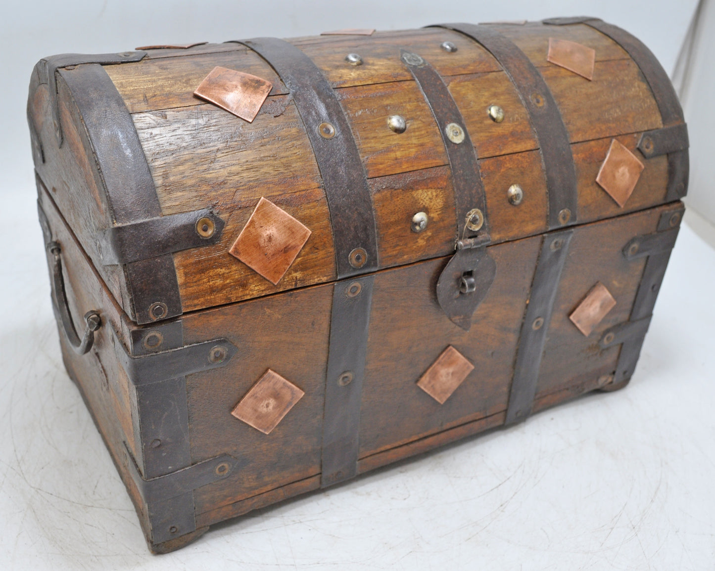 Vintage Wooden Half Round Top Storage Box Original Old Copper Fitted