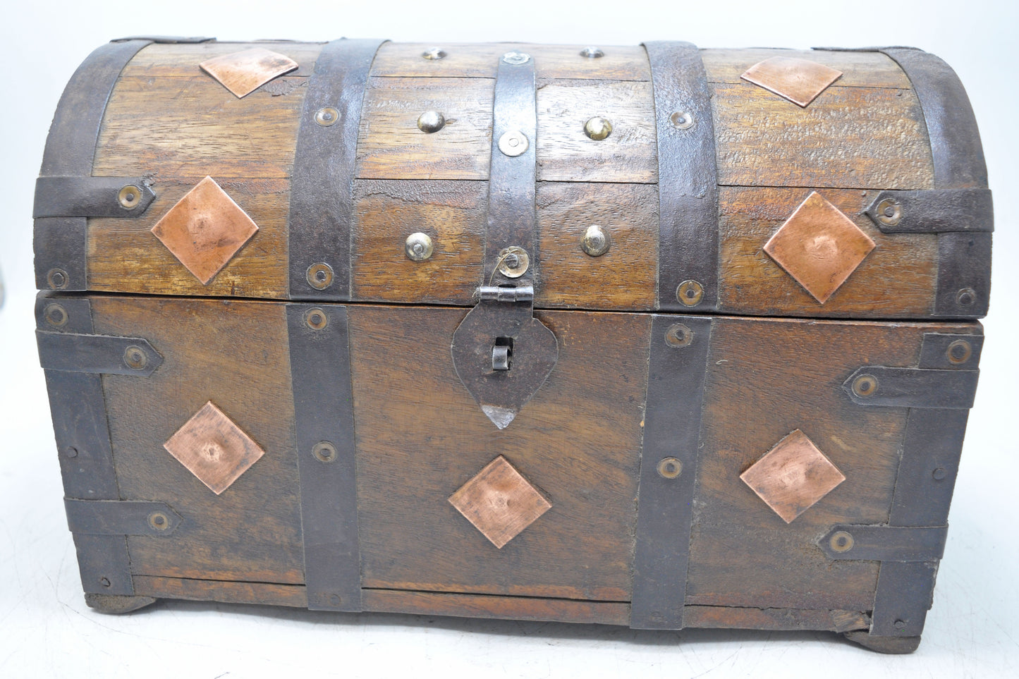 Vintage Wooden Half Round Top Storage Box Original Old Copper Fitted
