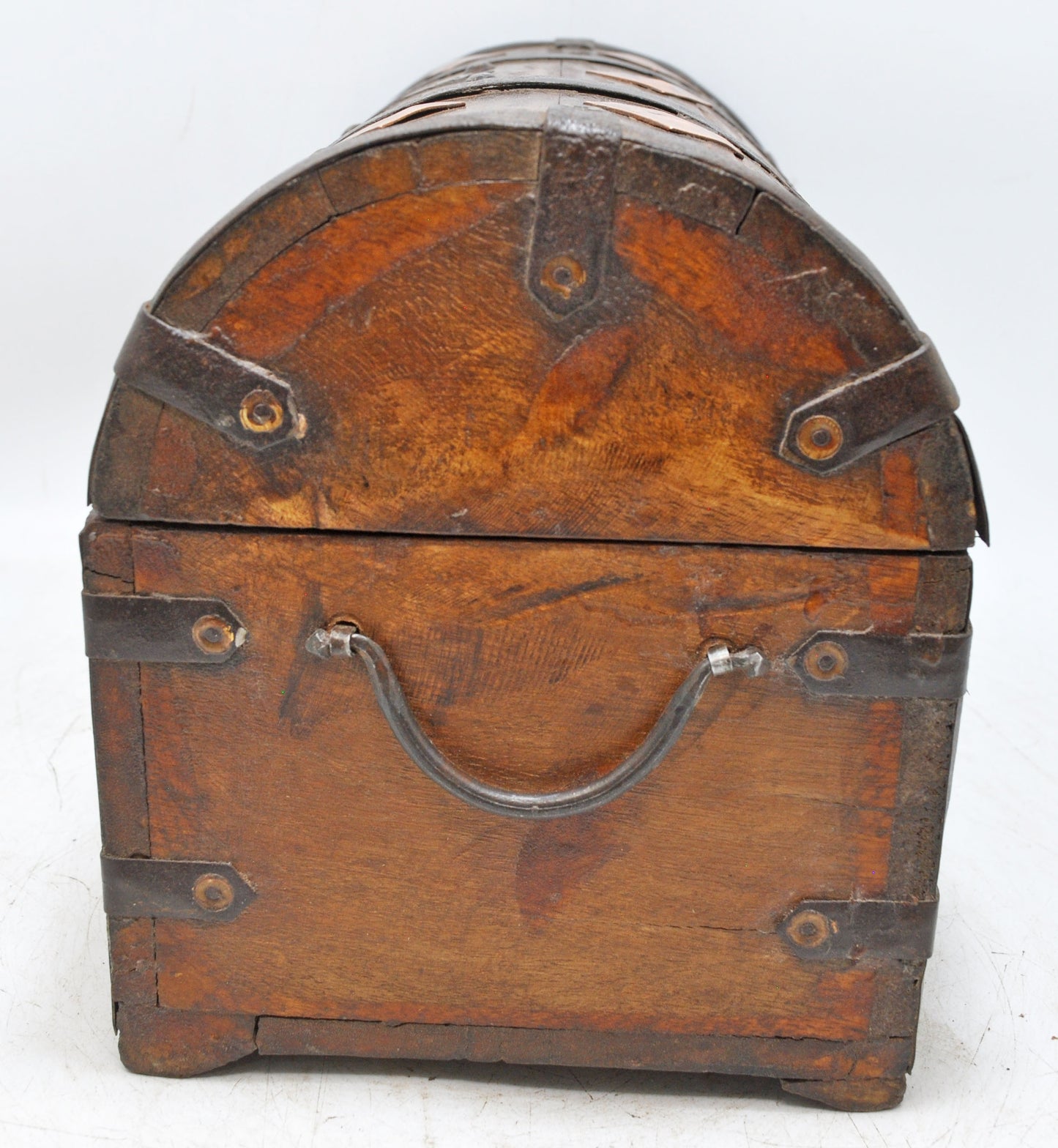 Vintage Wooden Half Round Top Storage Box Original Old Copper Fitted