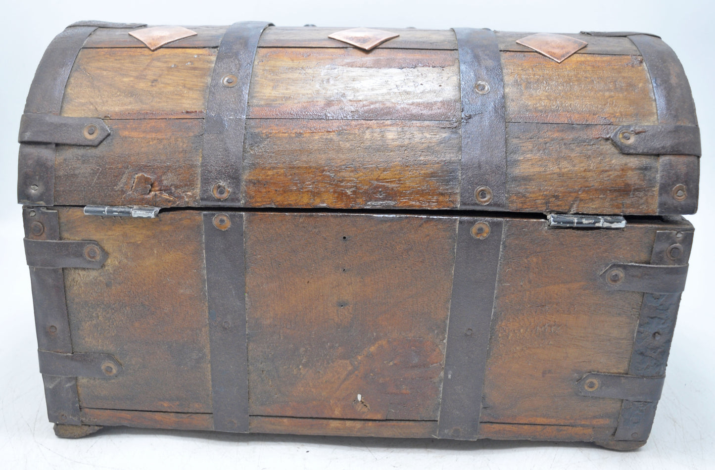 Vintage Wooden Half Round Top Storage Box Original Old Copper Fitted