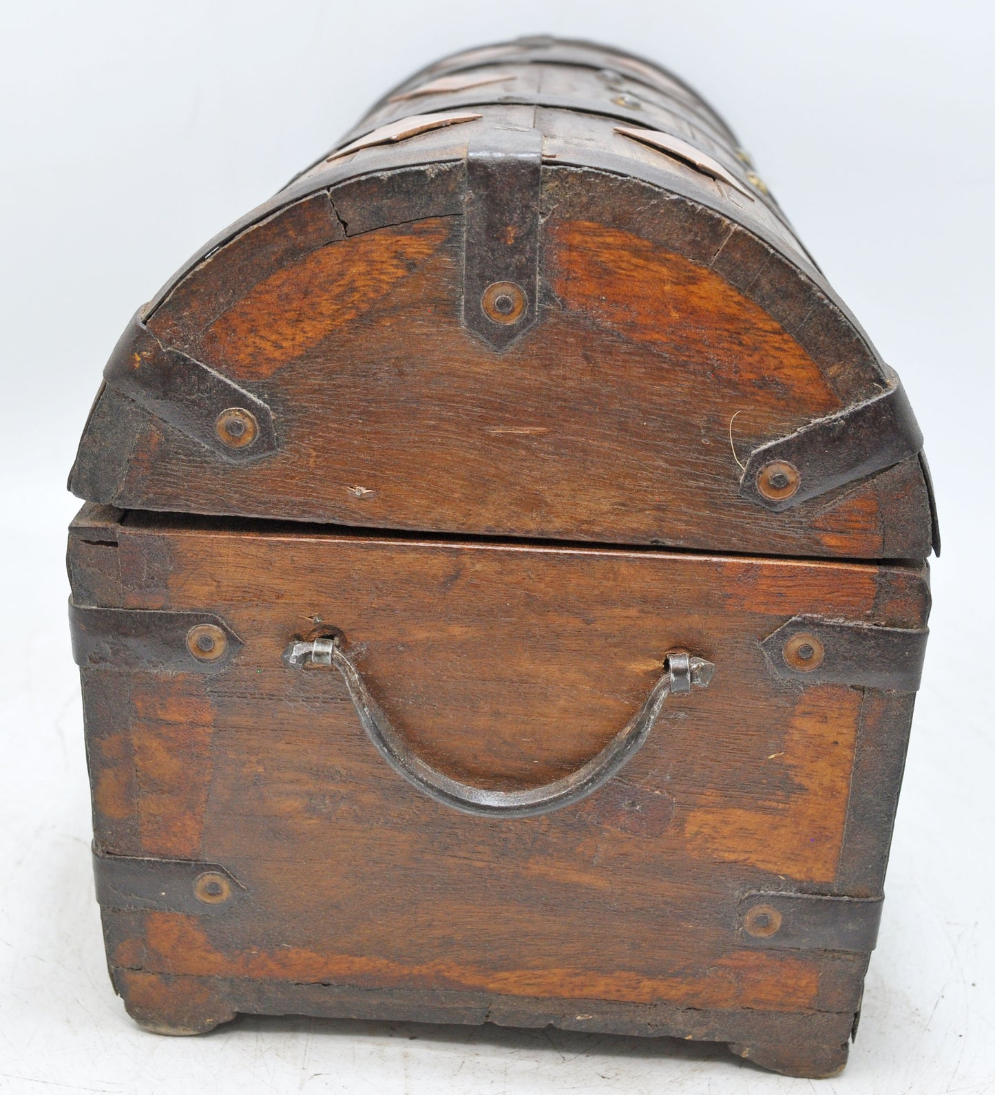 Vintage Wooden Half Round Top Storage Box Original Old Copper Fitted