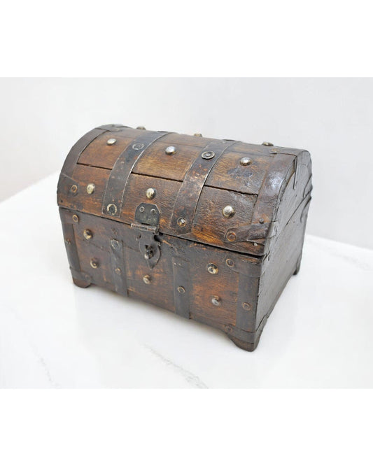 Vintage Wooden Half Round Top Storage Box Original Old Metal Fitted