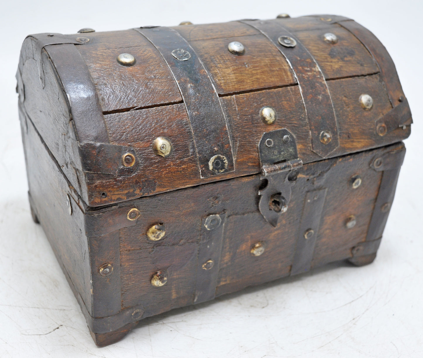 Vintage Wooden Half Round Top Storage Box Original Old Metal Fitted