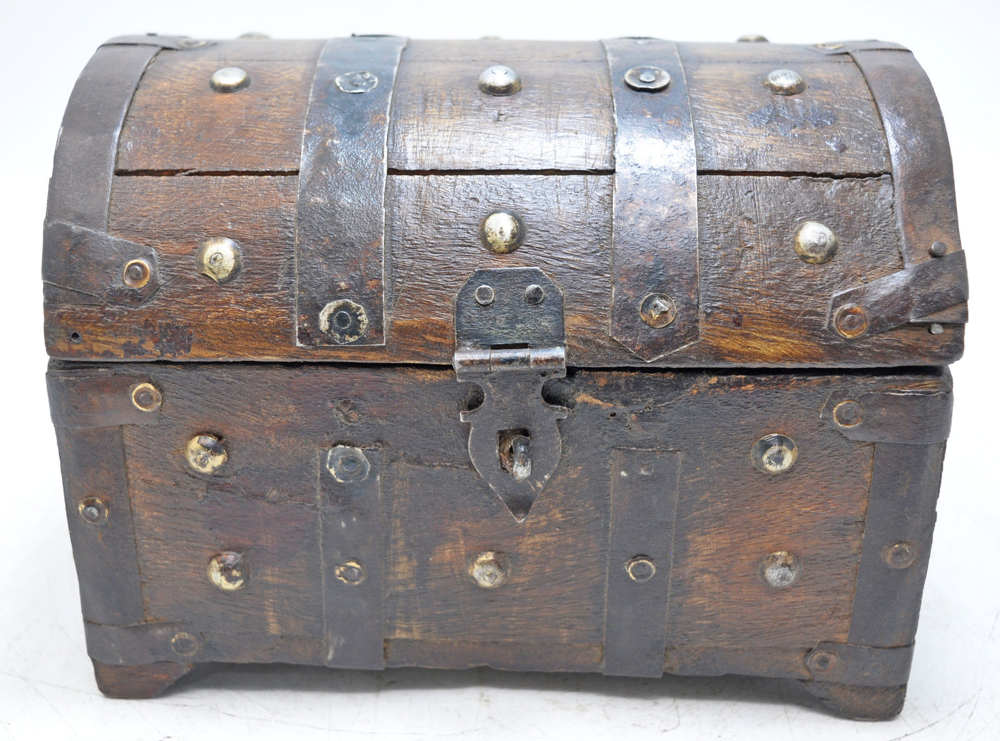 Vintage Wooden Half Round Top Storage Box Original Old Metal Fitted