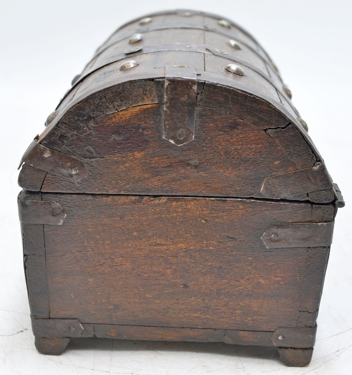 Vintage Wooden Half Round Top Storage Box Original Old Metal Fitted