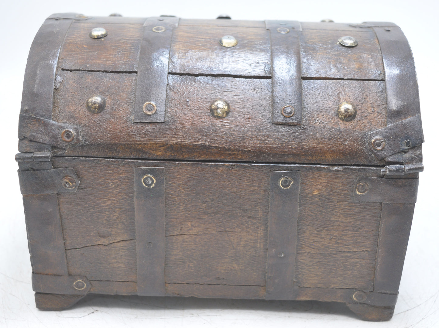 Vintage Wooden Half Round Top Storage Box Original Old Metal Fitted