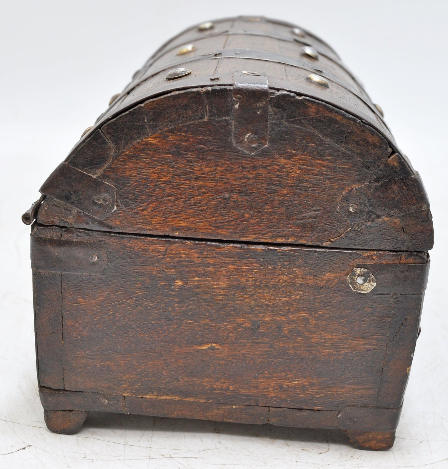Vintage Wooden Half Round Top Storage Box Original Old Metal Fitted