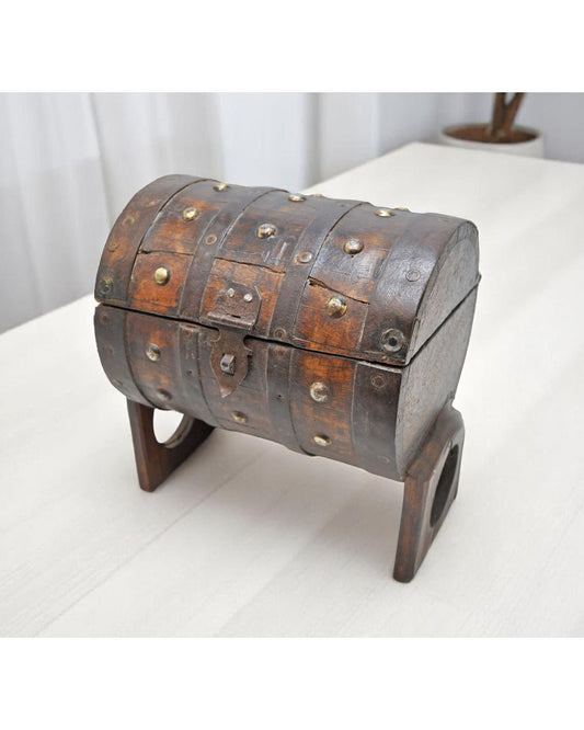 Vintage Wooden Round Storage Chest Box on Stand Original Old Metal Fitted