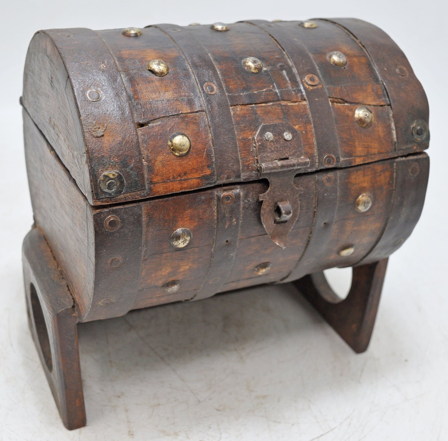 Vintage Wooden Round Storage Chest Box on Stand Original Old Metal Fitted