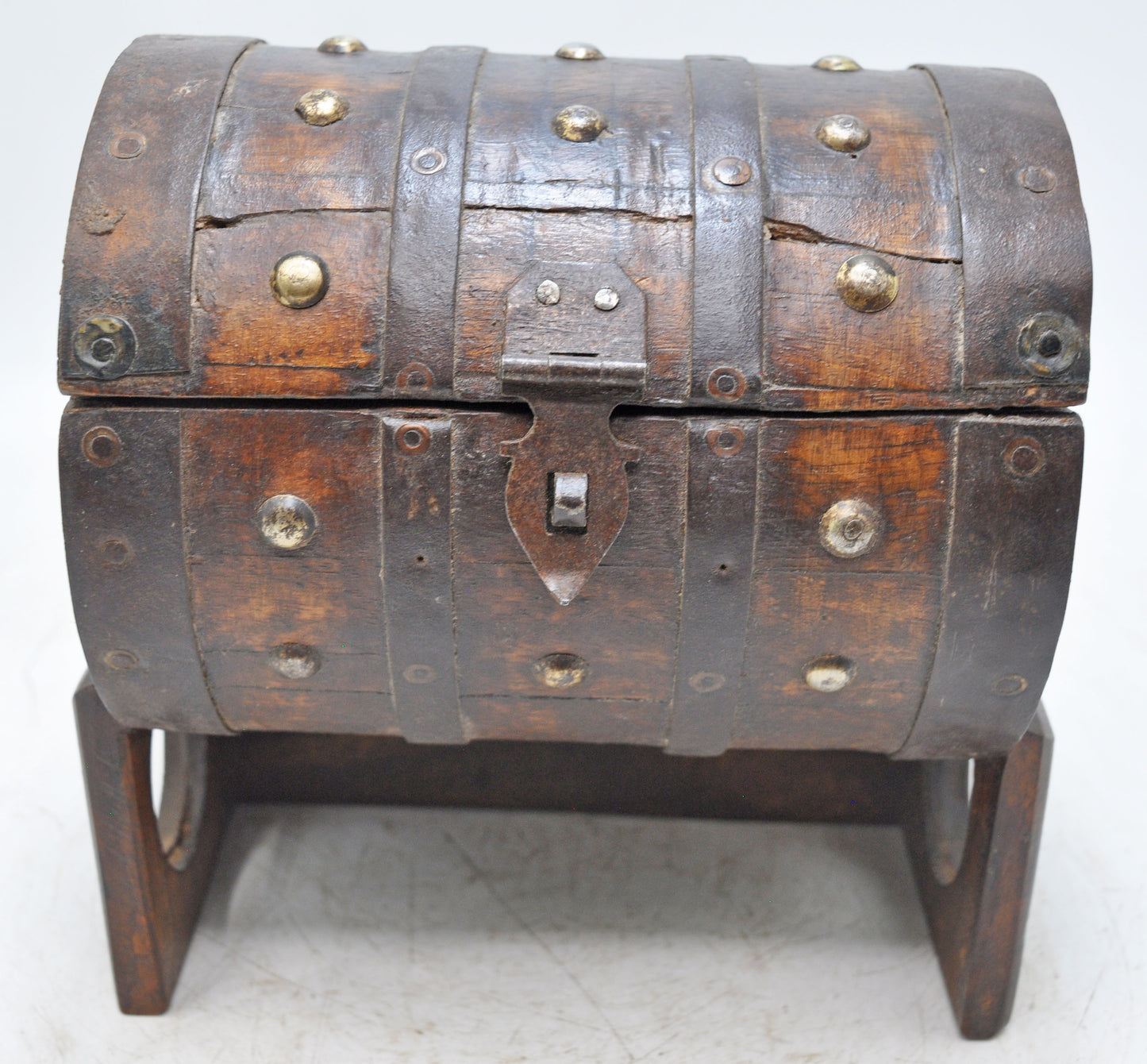 Vintage Wooden Round Storage Chest Box on Stand Original Old Metal Fitted