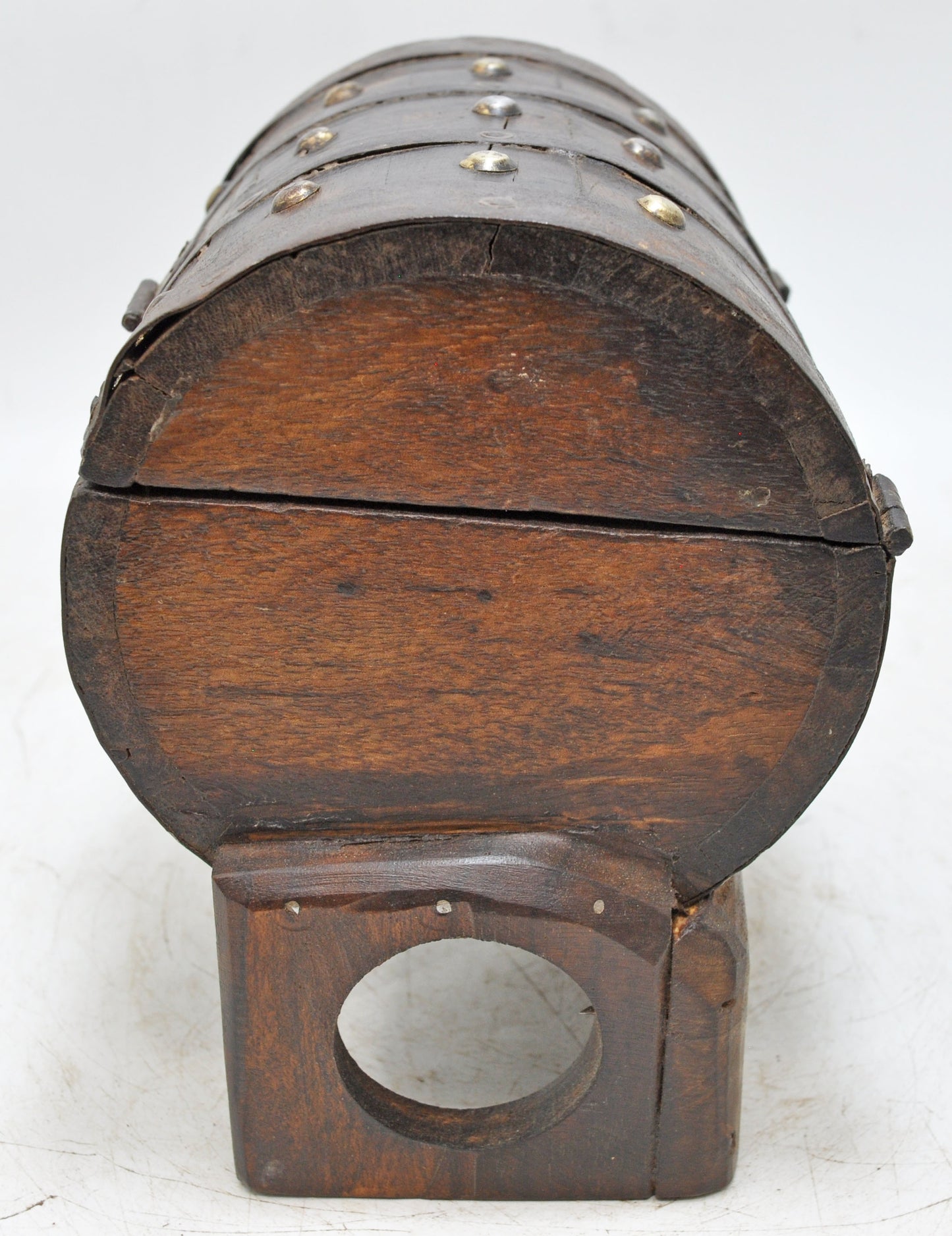 Vintage Wooden Round Storage Chest Box on Stand Original Old Metal Fitted