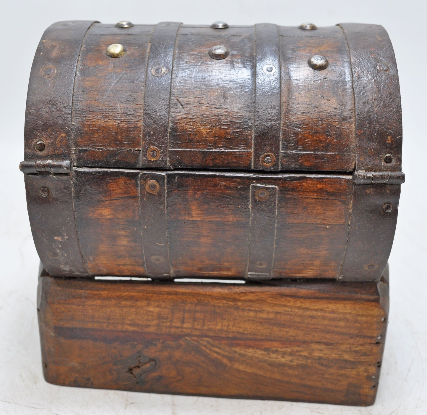 Vintage Wooden Round Storage Chest Box on Stand Original Old Metal Fitted
